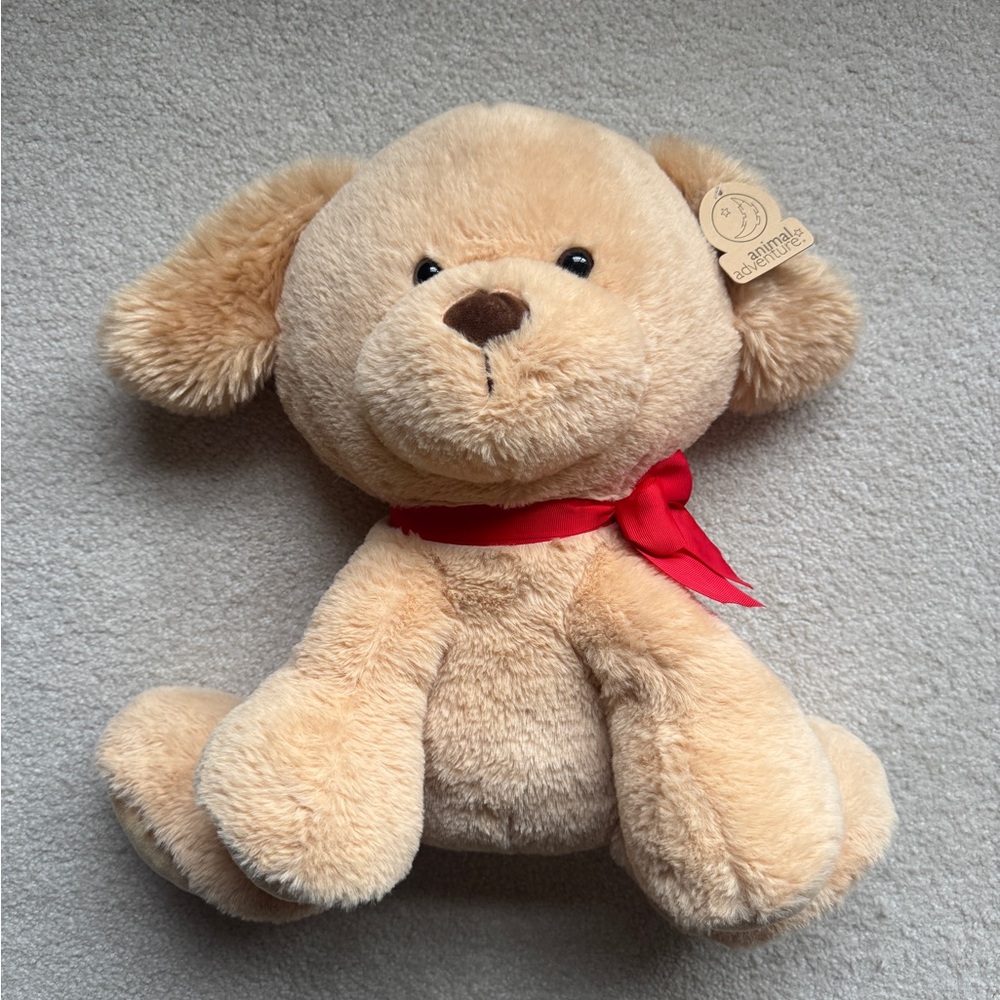 20 inch Adorable Tan Plush Dog Toy with Red Bow